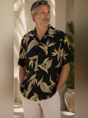 Bamboo Cay 100% silk vintage vacation resort button up Shirt tropical floral L